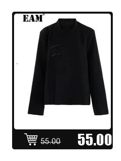 [EAM] Women Black Hollow Out Big Size Midi Shirt Dress New Lapel Long Sleeve Loose Fit Fashion Tide Spring Autumn 2024 1DF6037 Viralgem Store