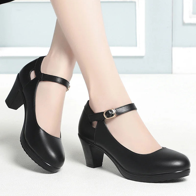 Spring Soft Leather Shoes Women Round Toe Platform Pumps Thick Heel Fashion Temperament Elegant Black Work Single Shoes Viralgem Store