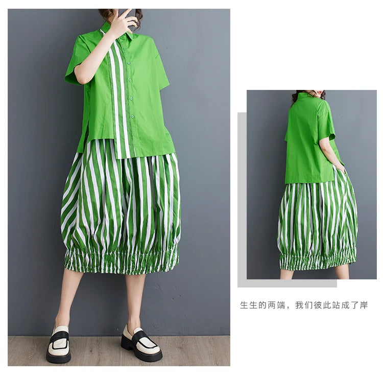 Summer Striped Print 2 Two Piece Set Women Irregular Patchwork Fashion Ladies Cropped Shirts Loose Casual Pleated Woman Skirts Viralgem Store