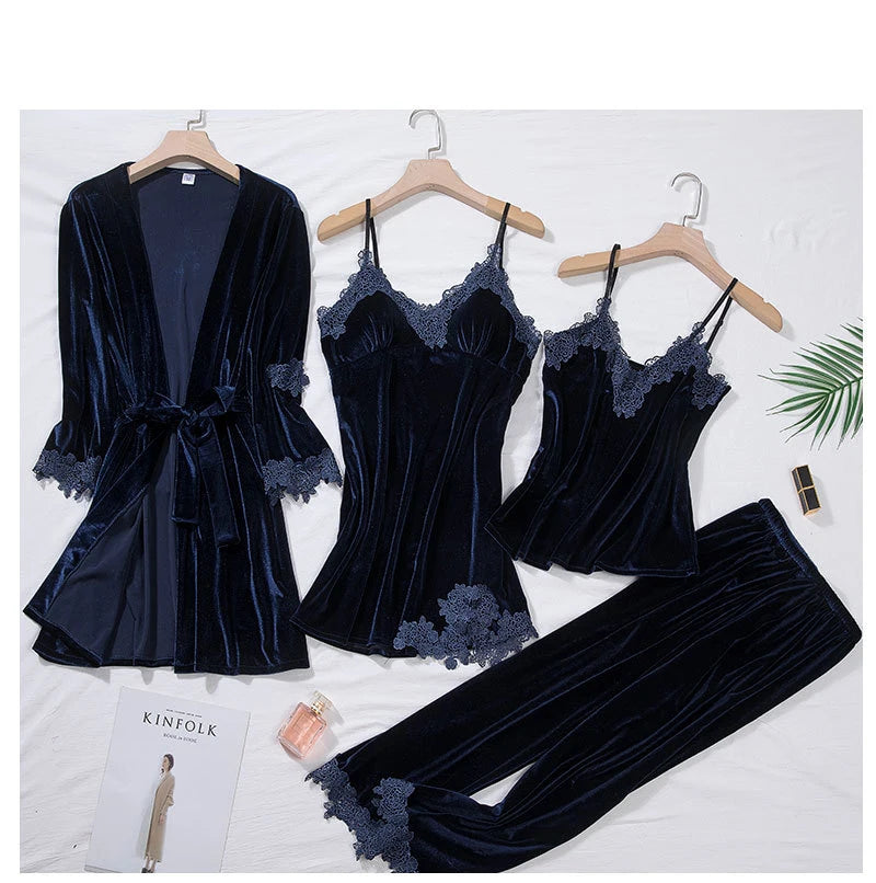 TOP Casual Velour Home Clothing 4pcs Sleep Set Intimate Lingerie Women Pajamas Suit Long Sleeve Lace Velvet Homewear Pyjamas Viralgem Store