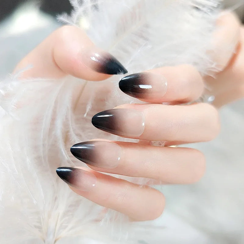 24pcs Gradient Black Pointed Nail Art Fake Nails Press On Nail Tips Artificial Nails Wearable Long Almond False Nails Finished