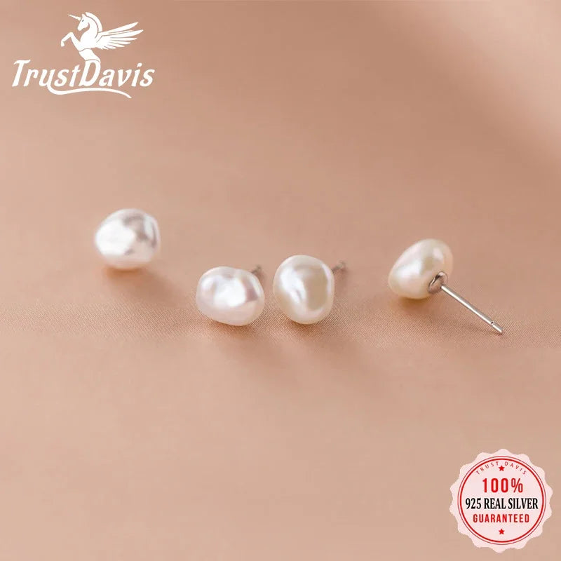 Trustdavis Authentic 925 Sterling Silver Sweet Irregular Baroque Pearl Stud Earrings For Women Wedding Party FIne Jewelry DA1224
