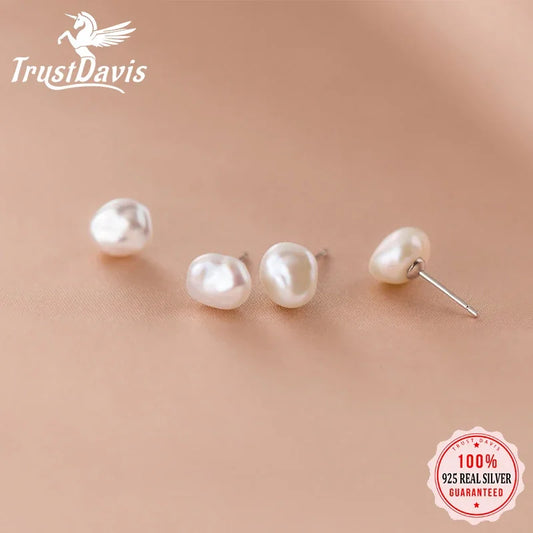 Trustdavis Authentic 925 Sterling Silver Sweet Irregular Baroque Pearl Stud Earrings For Women Wedding Party FIne Jewelry DA1224