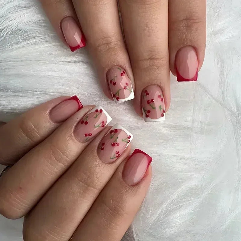 24pcs Short Square Press on Nails Jade Flower Sparkling Powder Designs Fake Nails with Glue Green Gradient Full Cover Nail Tips