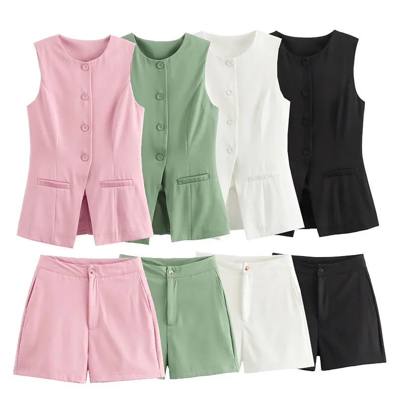 TRAF Women 2 Pieces Shorts Sets 2024 New Fashion Four Color Minimalist Vest Summer Women Suit Casual Two Piece Set Women Outfit