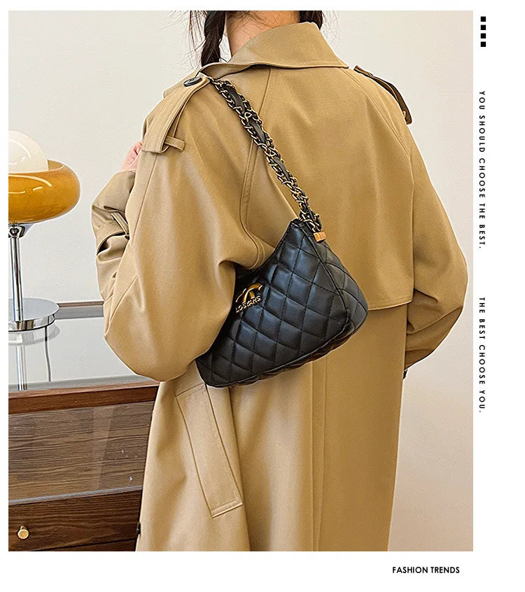 Advanced texture diamond grid small bag for women's 2025 autumn and winter new retro light luxury chain shoulder armpit bag