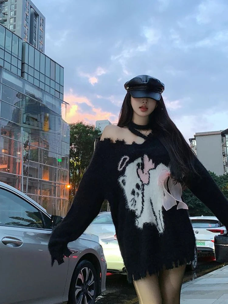 Women's Black Gothic Pullover Knitted Sweater Elegant Harajuku Y2k Long Sleeves Oversize Sweaters Jumper Vintage 2000s Clothes