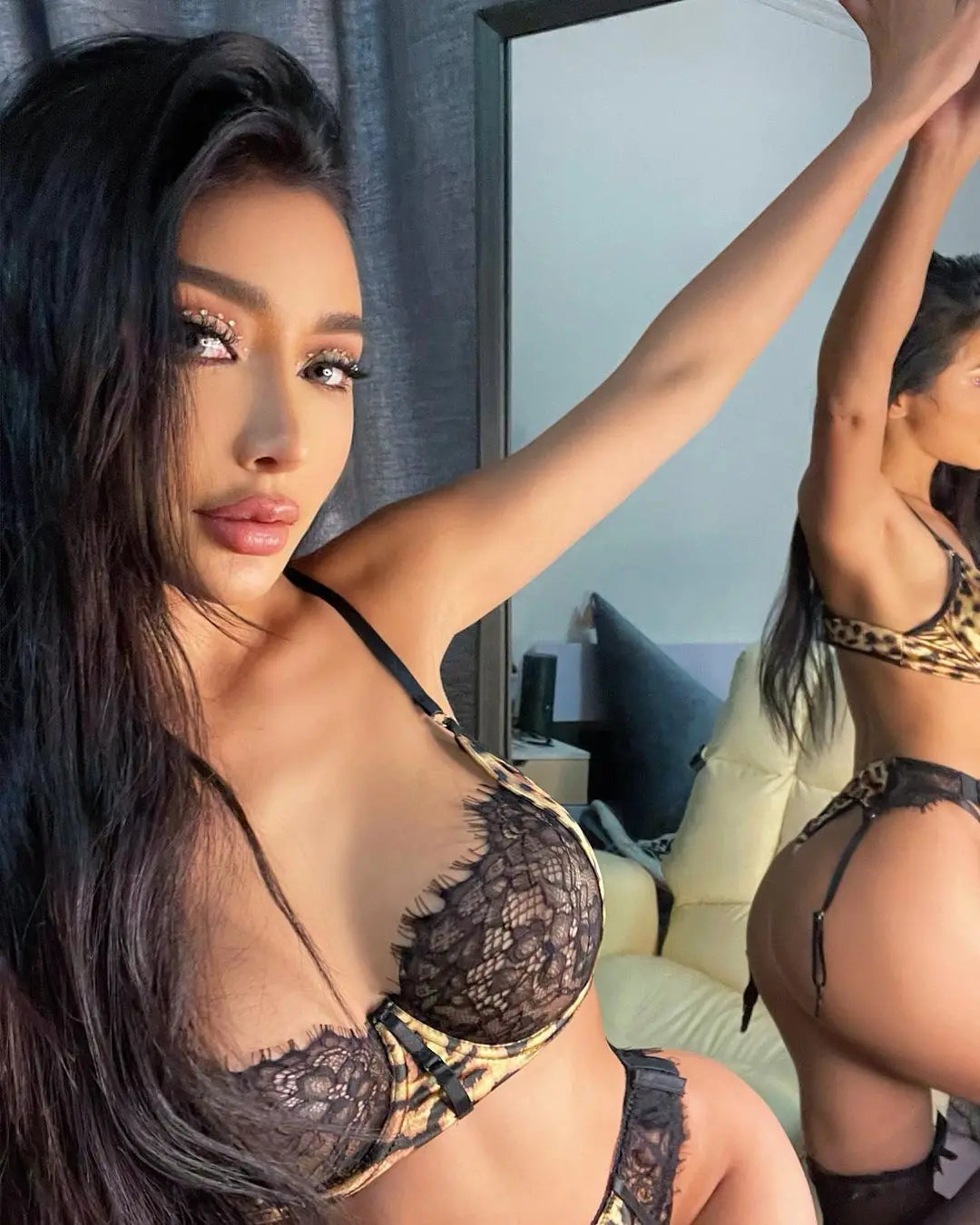 Yimunancy Leopard Print Lingerie Set Women Lace Patchwork Bra + Panty Underwear Set 3-Piece Garter Kit Intimates