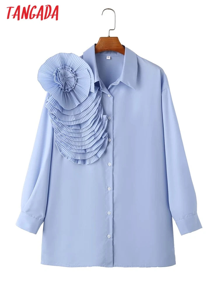 Tangada 2024 Spring Women Blue Flower Shirt Long Sleeve Female Loose Blouse Tops 4T02 Viralgem Store