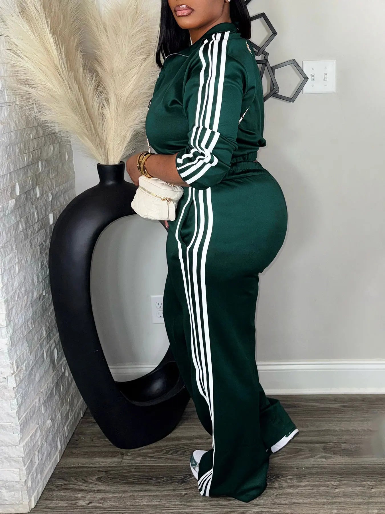 Women’s 2 Piece Tracksuit Set Zip-Up Top + High Waist Pants Side Stripe Casual Outfit Viralgem Store