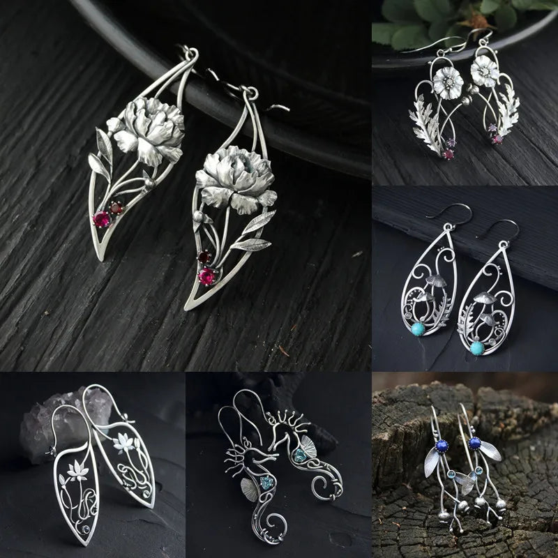 Woodland Earrings Witch Mushroom Elven Forest Leaf Earrings Nature Botanical Jewelry Silver Wire Wrapped