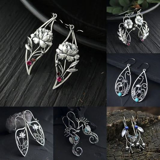 Woodland Earrings Witch Mushroom Elven Forest Leaf Earrings Nature Botanical Jewelry Silver Wire Wrapped