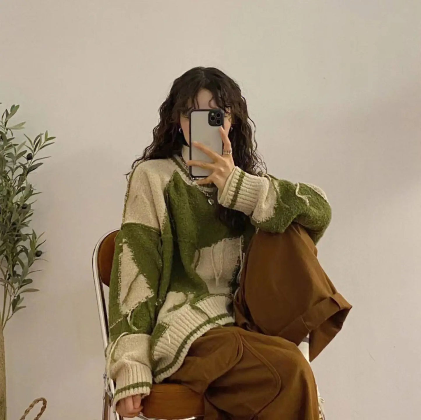 Women's Green Gothic Y2k Two-tone Knitted Sweater Harajuku Korean Y2k Long Sleeves Jumper Sweaters Vintage 2000s Clothes Autumn