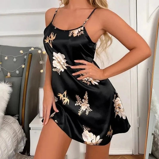 Women Nightwear Home Clothes Sexy Black Floral Printing Nightdress Sleepwear Nightshirts Silk Sleepshirts Nightgowns For Woman Viralgem Store