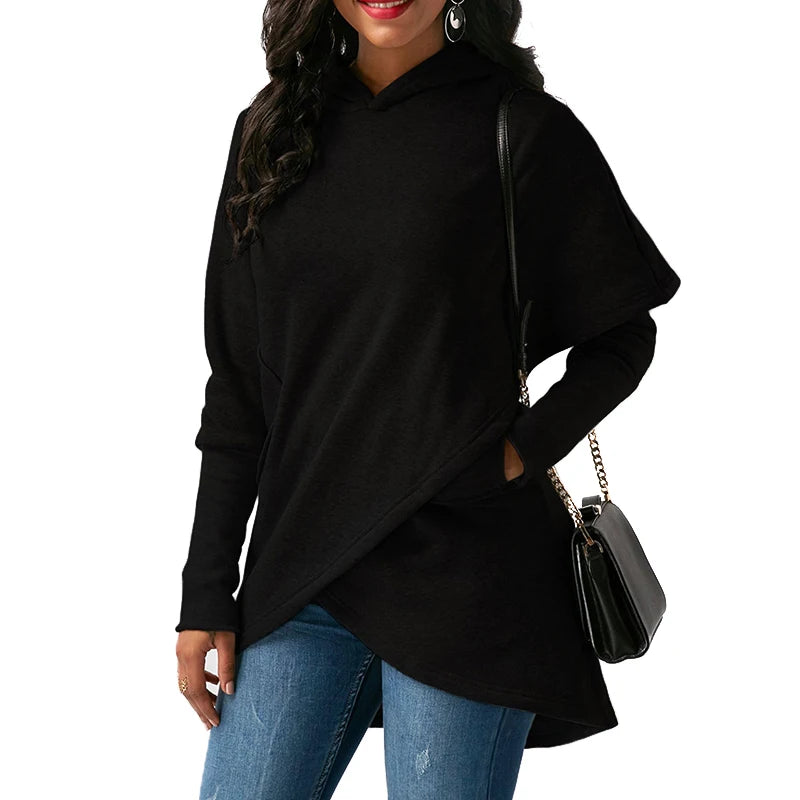 2023 Autumn Winter Solid Color Sweater Hooded Long Sleeve Women Clothing Fashion Casual Sports Top Cross Connection Long Sweater