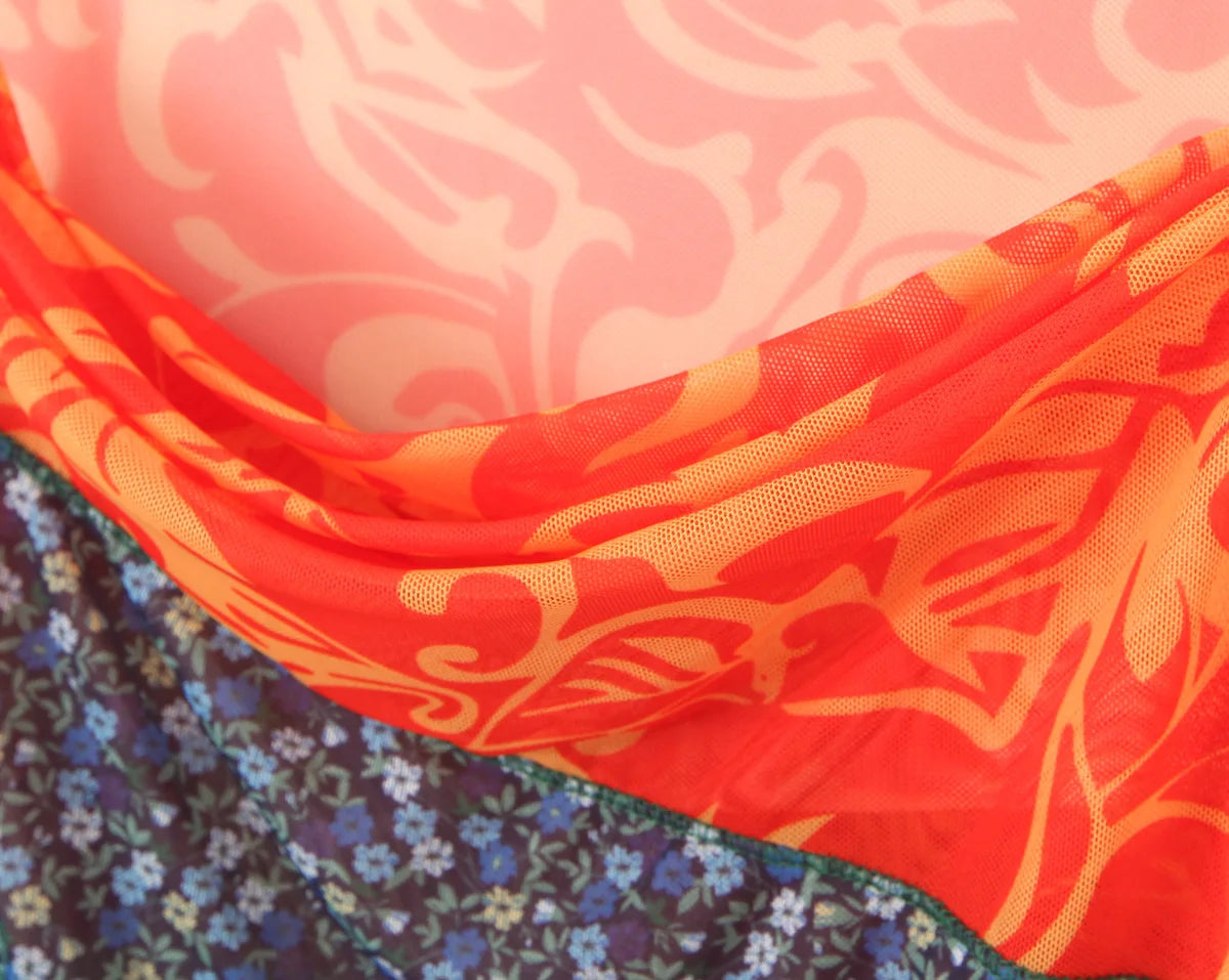 2024 Sexy Ruched Square Collar Contrast Color Plaid Flower Print Sleeveless Mini Mesh Dress Women Packages Hips A-line Tank Robe