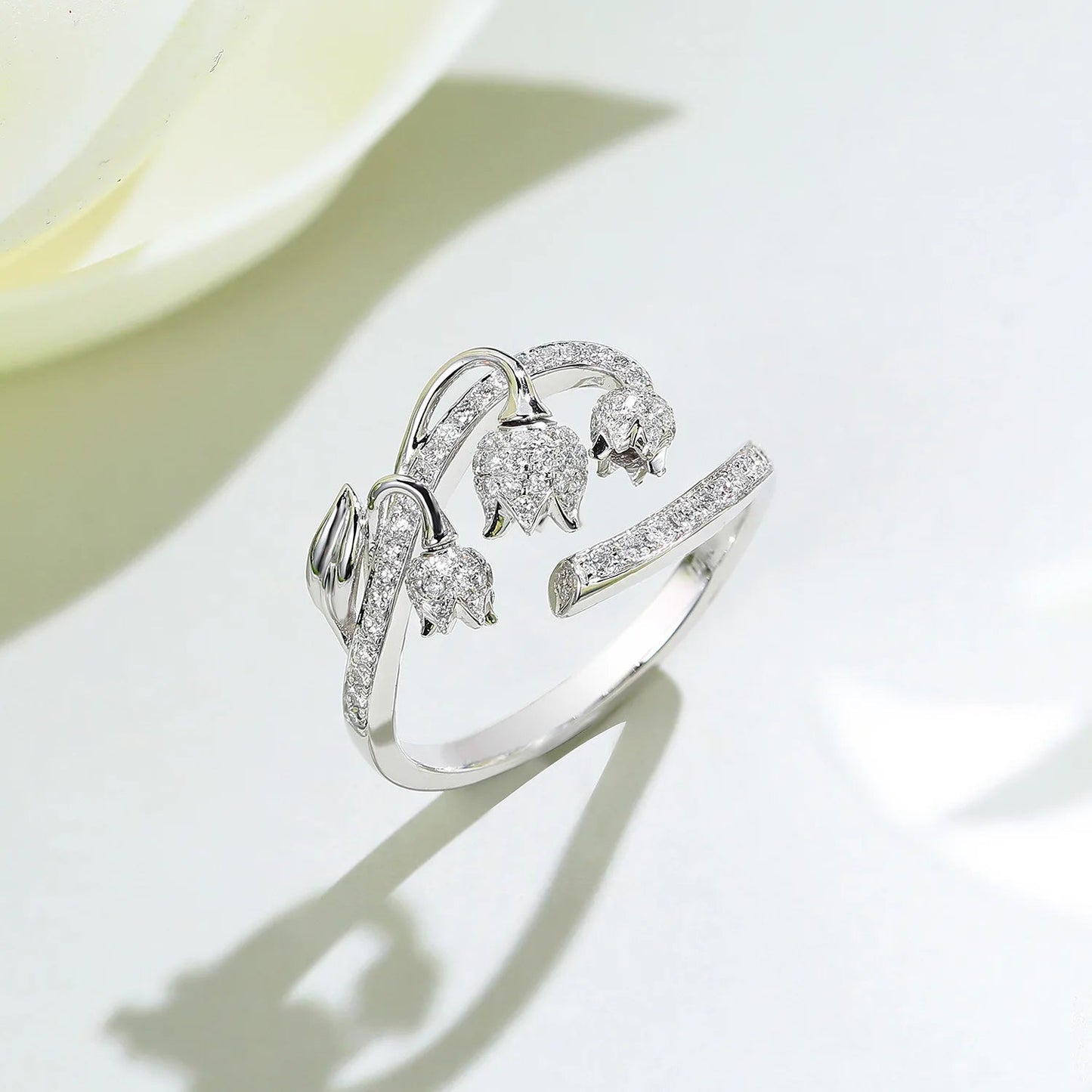 925 Silver Color Delicate Flower Bud White Zircon Ring Female Fashion Irregular Opening Ring Party Wedding Birthday Gift Viralgem Store