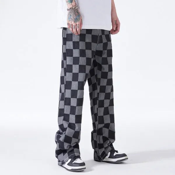 2024 Spring New Men's Brown Check Print Baggy Jeans Korean Fashion Streetwear Denim Straight Pants Male Brand Trousers