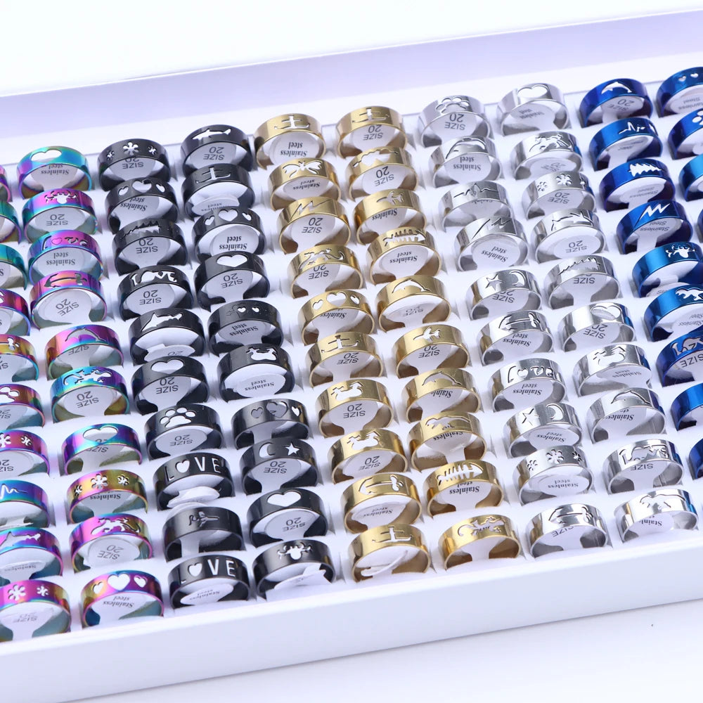 10/20/30/50Pcs Classic Fashion Stripe Hollow Colorful Sticker Stainless Steel Ring Trend Women Jewelry Party Decoration Gift
