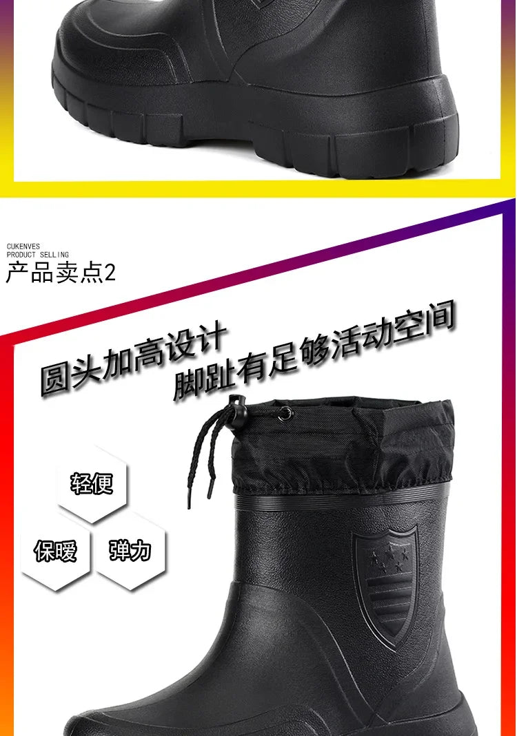 Winter Windproof Cotton Rain Boots Men Warm Light Ankle Rainboots Fashion Black Slip on Rain Shoes Men Waterproof Work Boot2024