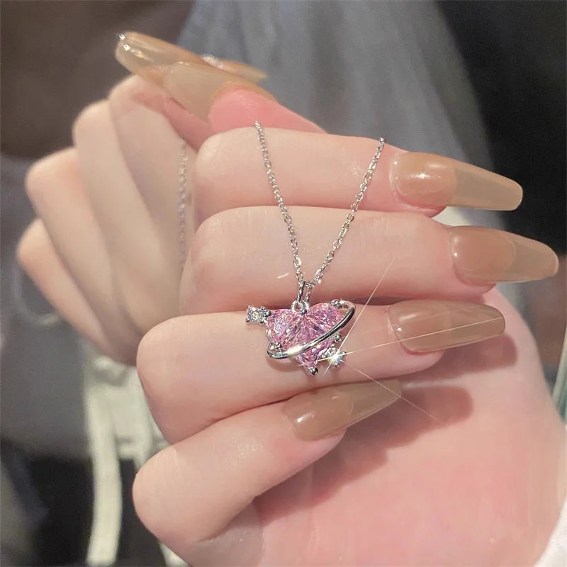 Y2K Pink Planet Heart Zircon Pendant Necklaces Women Fashion Aesthetic Clavicle Chain Necklace Valentines Day Gift Party Jewelry Viralgem Store