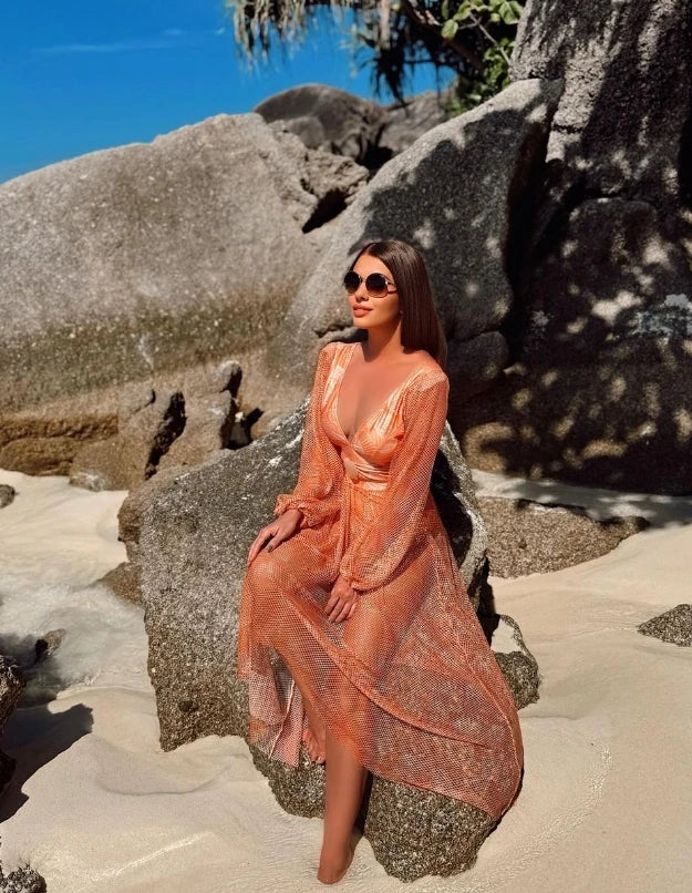 2024 V Neck Shell Print Decor Long Sleeve One Piece Swimsuit and Skirt  Clearance Wholesale Bodysuit Dress