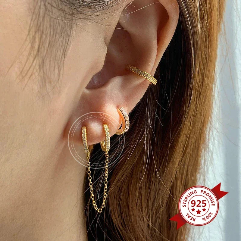 YUXINTOME 1PC 925 Sterling Silver Ear Needle Colorful Zircon Chain Tassel Hoop Earrings for Women Two Holes Earring Jewelry A45