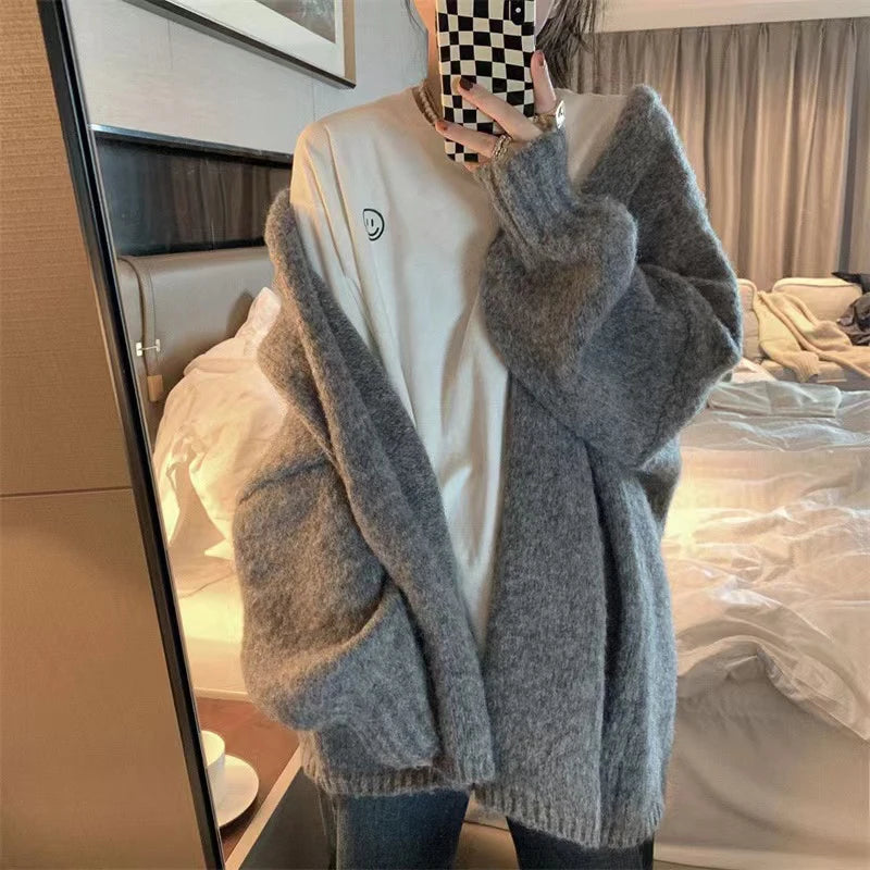 Zoki Autumn Winter Thicken Warm Women Cardigan Sweater Korean Lazy Wind Soft All Match Cardigans Tops Solid Loose Knitted Coats
