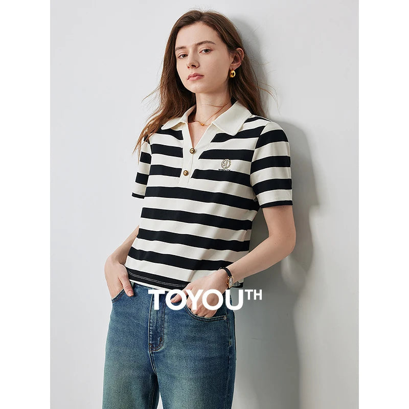 TOYOUTH Women Letter T-shirt 2024 Summer New POLO Collar Top Viralgem Store