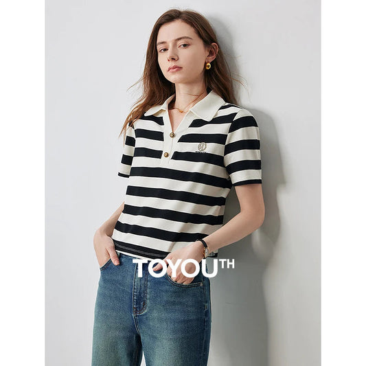 TOYOUTH Women Letter T-shirt 2024 Summer New POLO Collar Top Viralgem Store