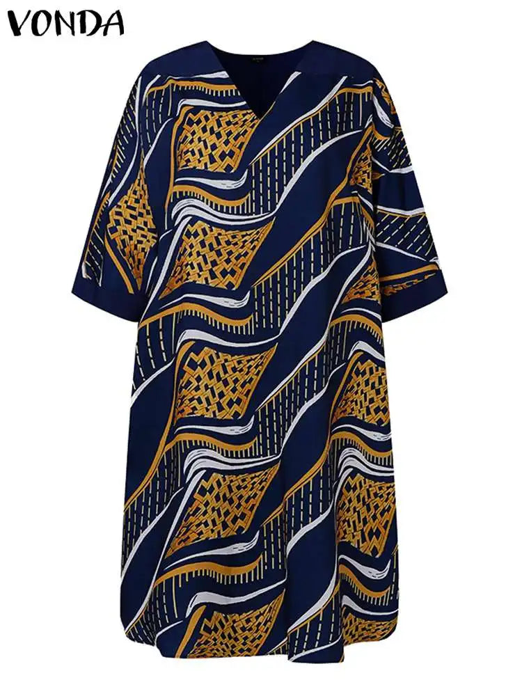 VONDA Oversized Summer Dress 2024 Women V Neck Bohemian Printed Beach Sundress Casual Midi Vestidos 3/4 Sleeve Loose Robe Femme