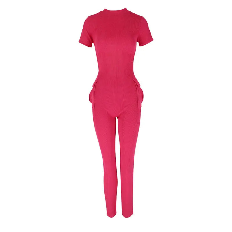 Spring New Women's Jumpsuits Sexy Sweet Pink Hollow Out Jumpsuit Streetwear Fashion Pockets Short Sleeve Female Elegant Rompers Viralgem Store