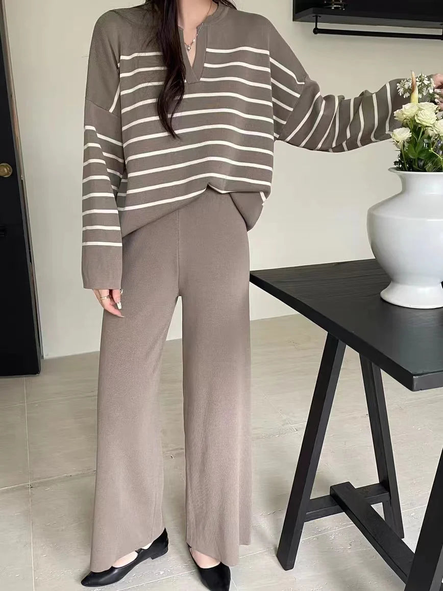 Women Sweater Pant Set Winter Knitted  Casual Pullovers Suits Long Sleeve AutumnLoose Tops Elastic Striped Elegance Sweaterpants Viralgem Store