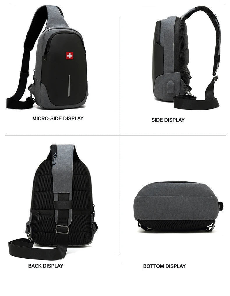 SWISS New Men's Casual Chest Bag Sports Waterproof Shoulder Bag Anti-theft Crossbody Bag Fashion Solid Color Usb Bag Sling Pack Viralgem Store