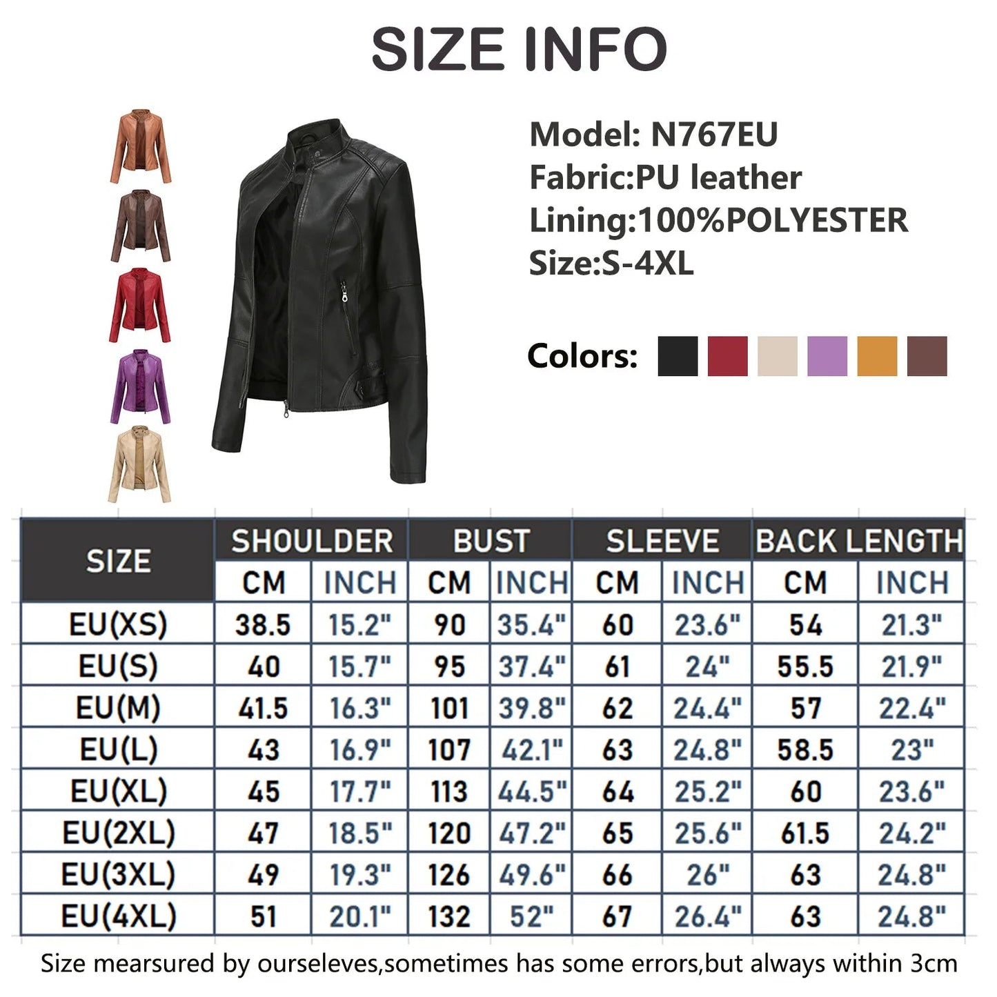 Women Moto Biker Zipper Jacket 2024 Faux Leather Jacket Women Spring Autumn Coat Black Brown Red Purple Navy Coffee Black XS 4XL Viralgem Store