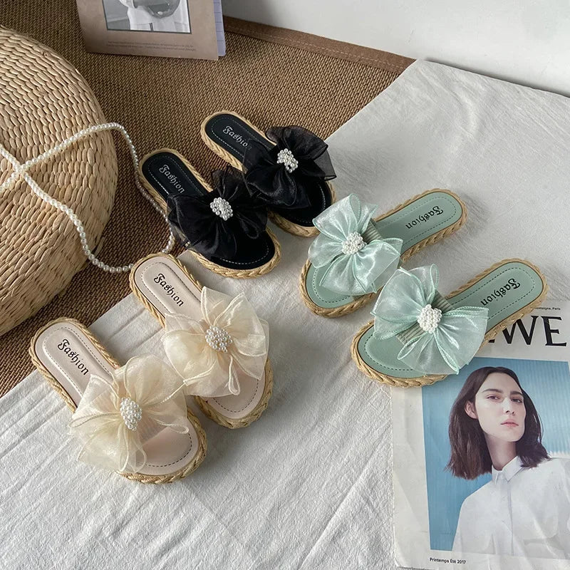 Women Summer Slippers Online Celebrity Slippers Ins New Joker Korean Fairy Wind Mesh Bow Word Drag Breathable Wear-resistant
