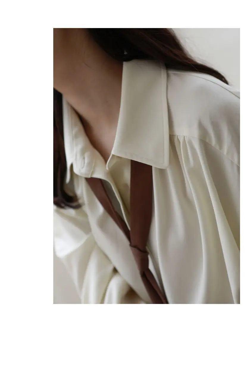 2025 Summer Minimalist Long Sleeve Button Up Shirt Women Korean Style Solid Tie Oversize Shirts Blouse Loose Clothes Autumn Tops