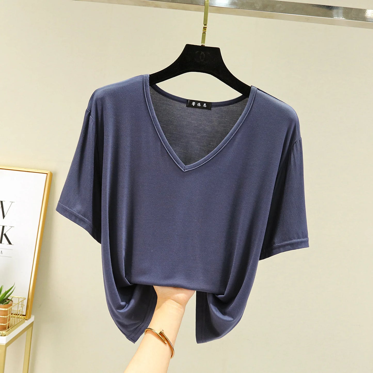 Women's T-shirt Modal V-Neck Short sleeves Tops Summer Casual T Shirts  Solid color Loose basic Bottoming Tees