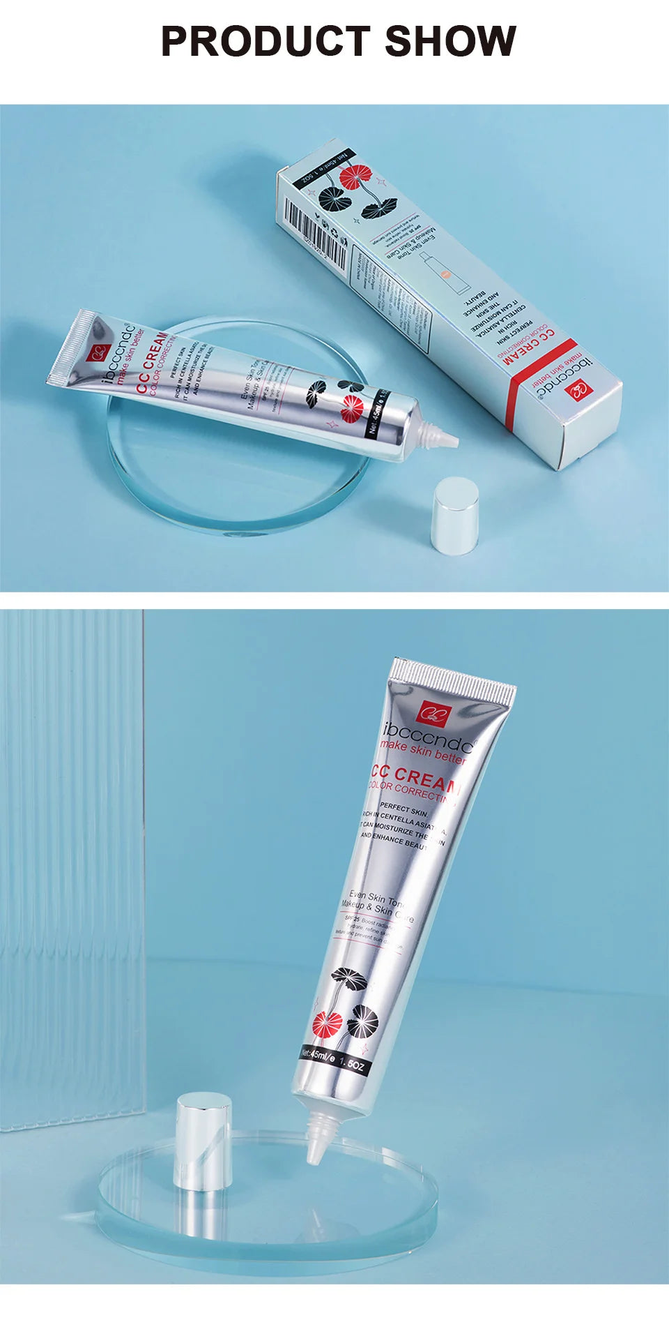 45ml Color Correcting CC Cream Facial Centella Asiatica Repair BB Cream Natural Concealer Whitening Liquid Foundation Cosmetics