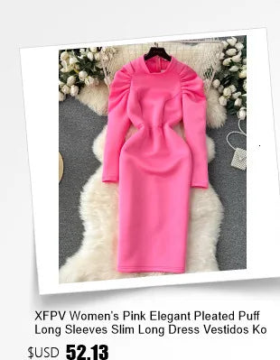 XFPV Female Dress Square Collar Solid Puff Sleeve Backless Bow High Waist Elegant Fashion Vestidos Spring Autumn2024 SM9457