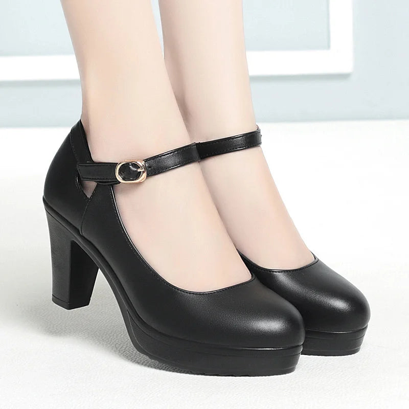 Spring Soft Leather Shoes Women Round Toe Platform Pumps Thick Heel Fashion Temperament Elegant Black Work Single Shoes Viralgem Store