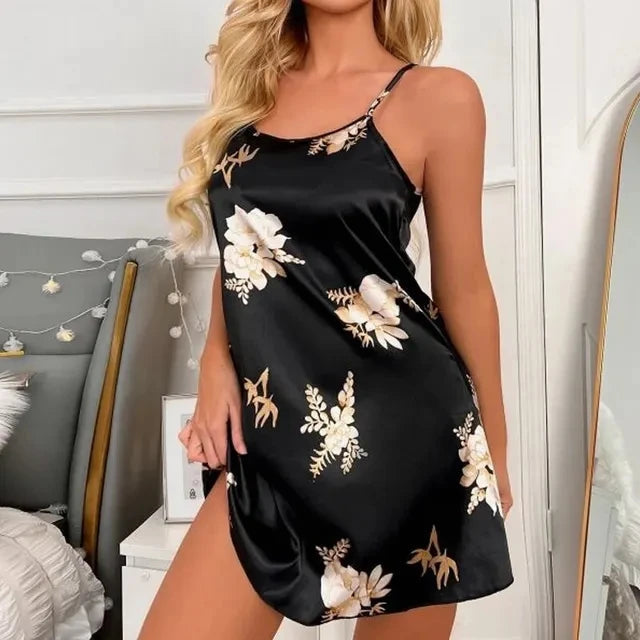Women Nightwear Home Clothes Sexy Black Floral Printing Nightdress Sleepwear Nightshirts Silk Sleepshirts Nightgowns For Woman Viralgem Store