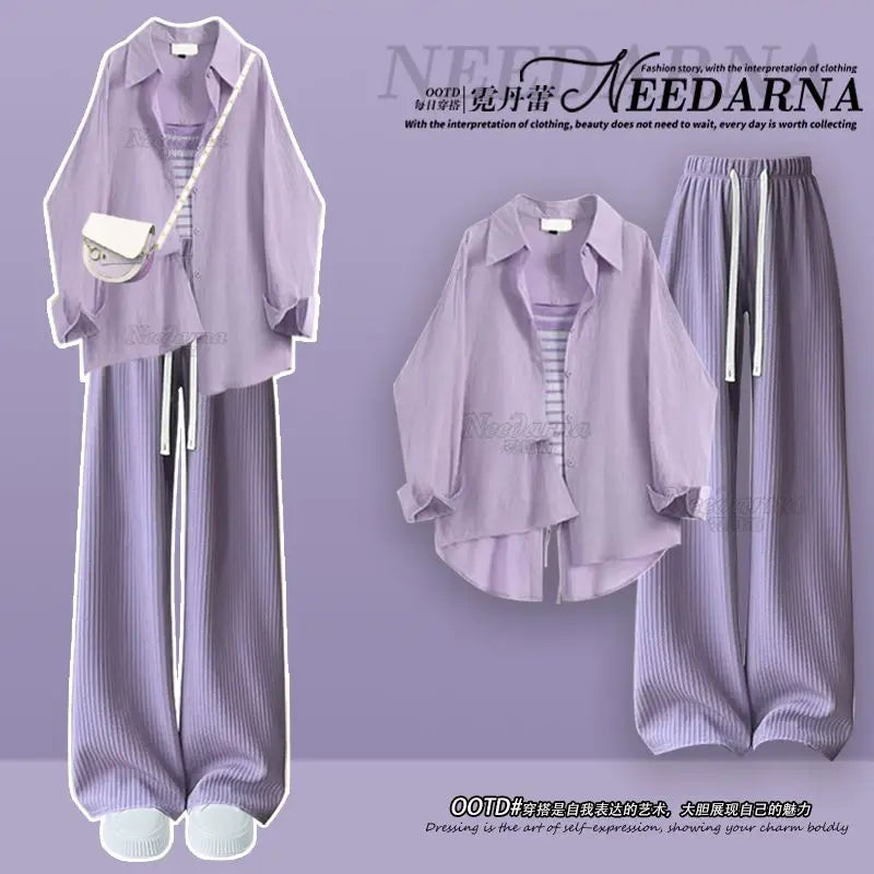 Spring/Summer Dopamine Wearing Set of 2024 New Korean Sunscreen Shirt Hanging Strap High Waist Casual Pants Three Piece Set