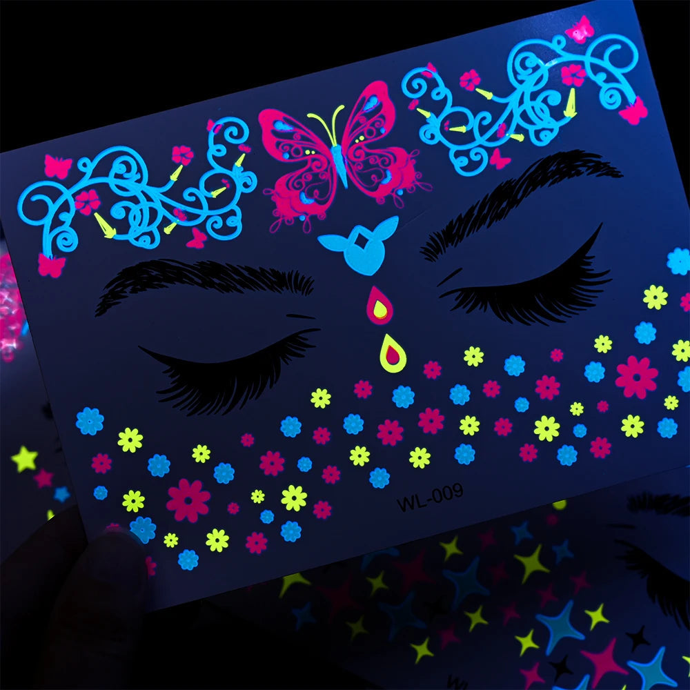 1Pcs Halloween Fluorescent Face Stickers 12-Styles Feather/Flowers/ButterflyDesign Tattoo Sticker Waterproof Glowing Face Decals Viralgem Store