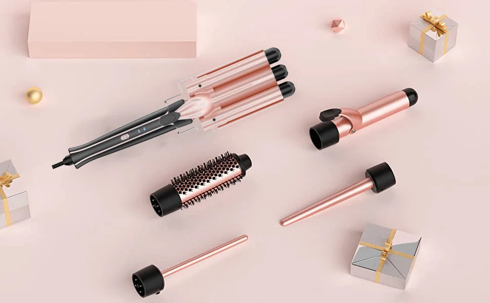 5 in 1 Curling Iron Set with Curling Brush, 0.35”-1.25” Hair Curler Wand for Hairstyle and Heat Resistant Gloves and Hair Clips Viralgem Store