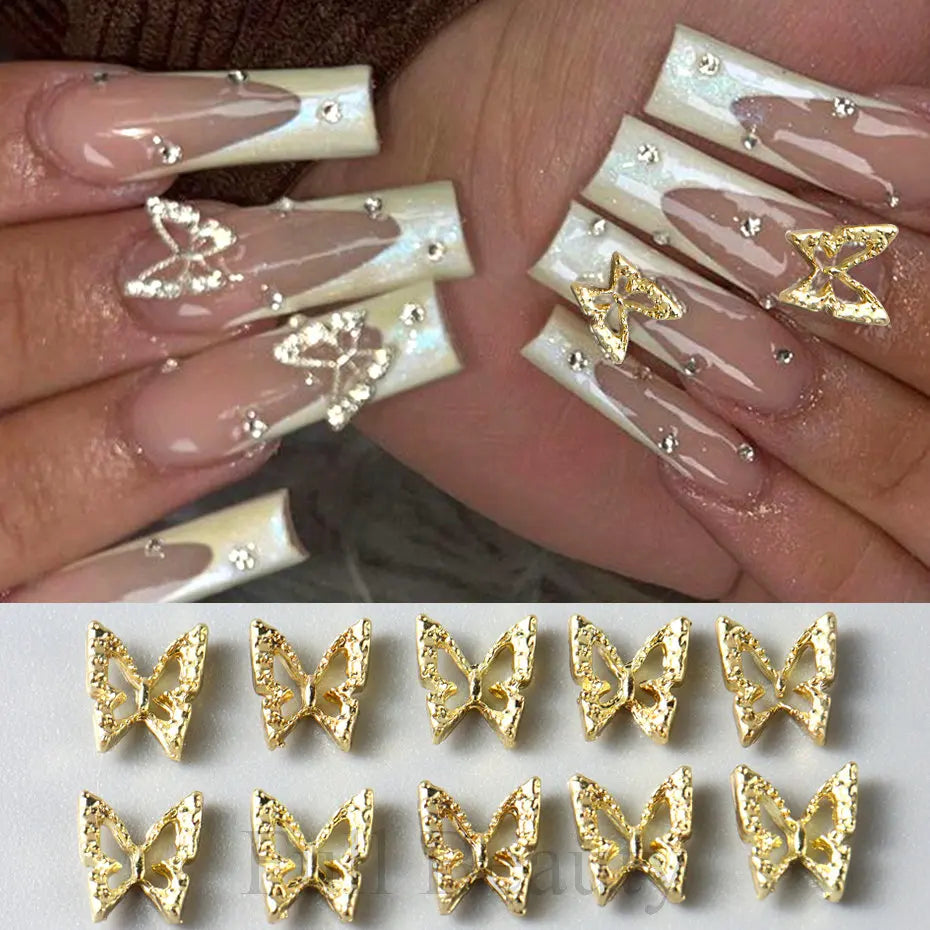 10pcs/pack Butterfly Shaped Nail Charms 3D Gold Silver Butterflies Rhinestone Zircon Jewelry DIY Nail Art Decoration Accessories
