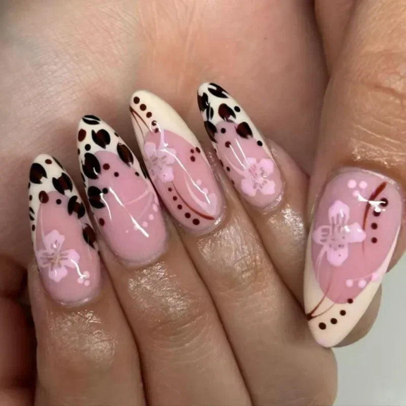 24Pcs Autumn Winter Matte Almond False Nails with Glue Rose Leaf Printing Nail Art Simple Full Cover Press on Acrylic Nails Tips Viralgem Store