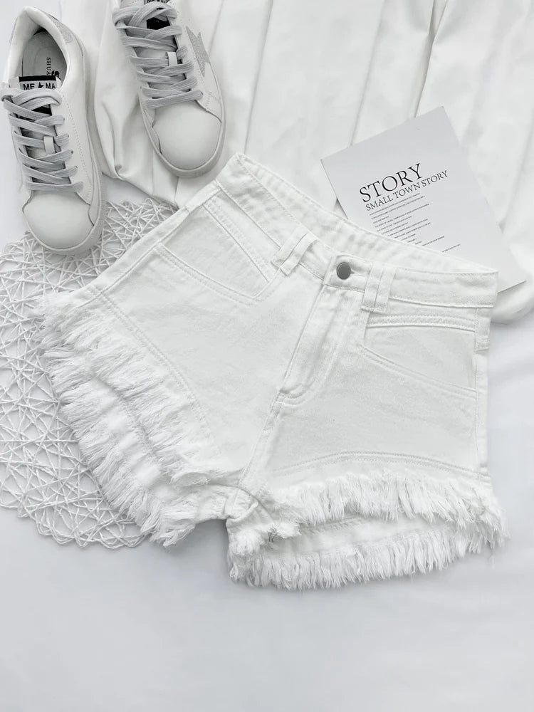 White Denim Shorts Women New High-Waist Ripped Fringed Burr Hot Pants 2023 Summer Loose Wide-Leg Korean Style Short Femme