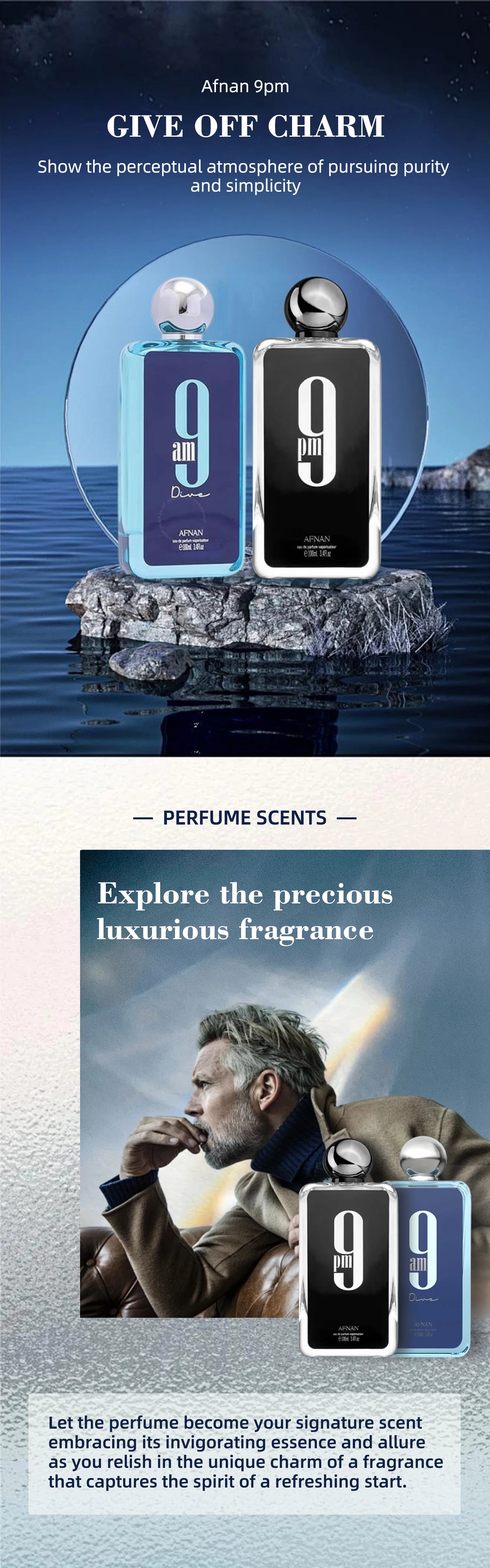 Afnan 9 PM 9 AM Dive Women's Men's Perfume Eau De Parfum Long-Lasting Pheromones Perfume Timeless Scent Couple Gift 100ml/ 3.4oz Viralgem Store