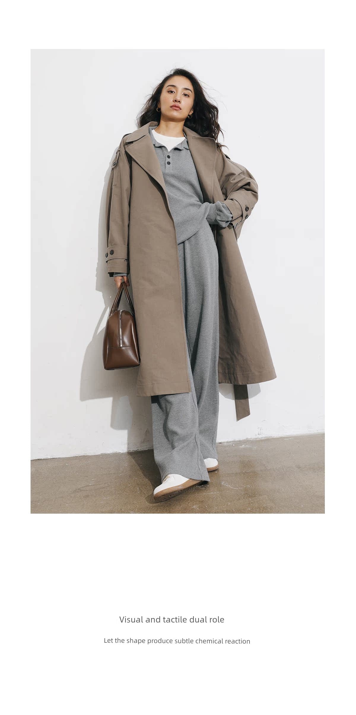 Women's Spring Clothing Fashion Gray Coffee Color Loose Shoulder Ins Style Minimalist Casual Very Wide Long Trench Coat